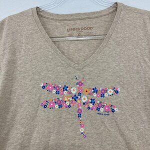 Life is Good size XL Dragon Fly Floral Short Sleeve V neck Crusher Tee
